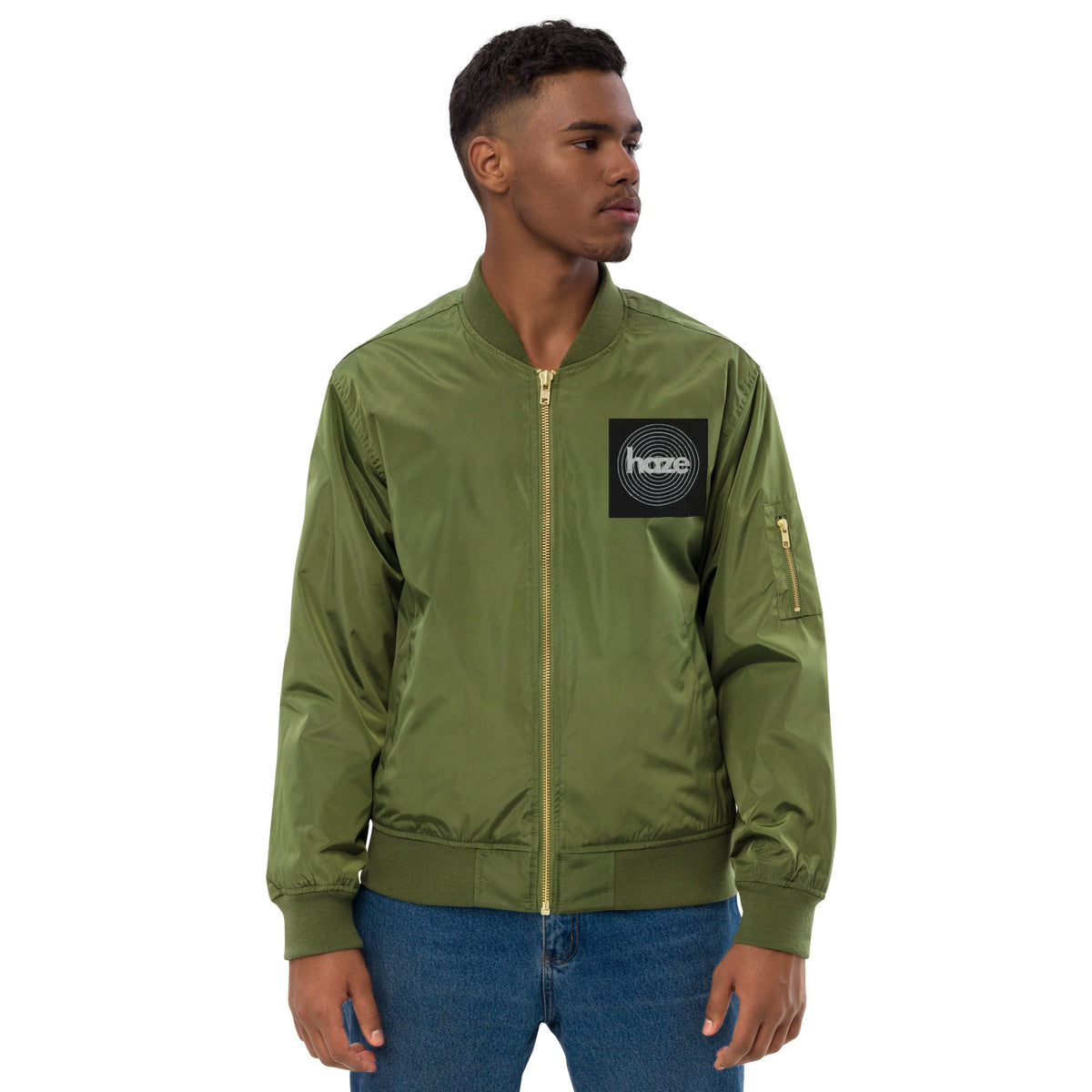 Front haze logo Embroidered Unisex Premium recycled bomber jacket Jacket #MzKittyz #NikkiDKatArt