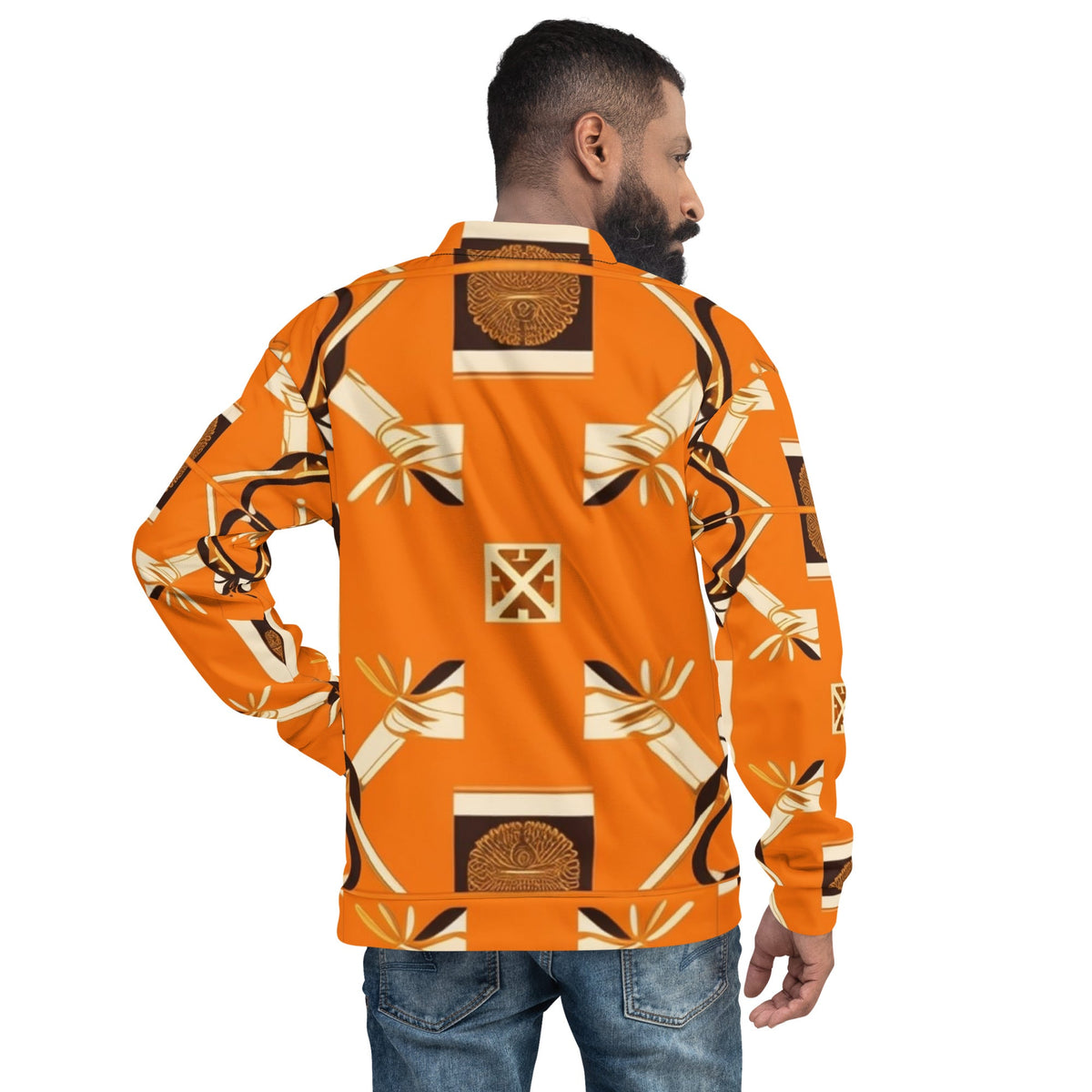 Front Orange Signature Scarf Unisex Bomber Jacket Bomber #MzKittyz #NikkiDKatArt