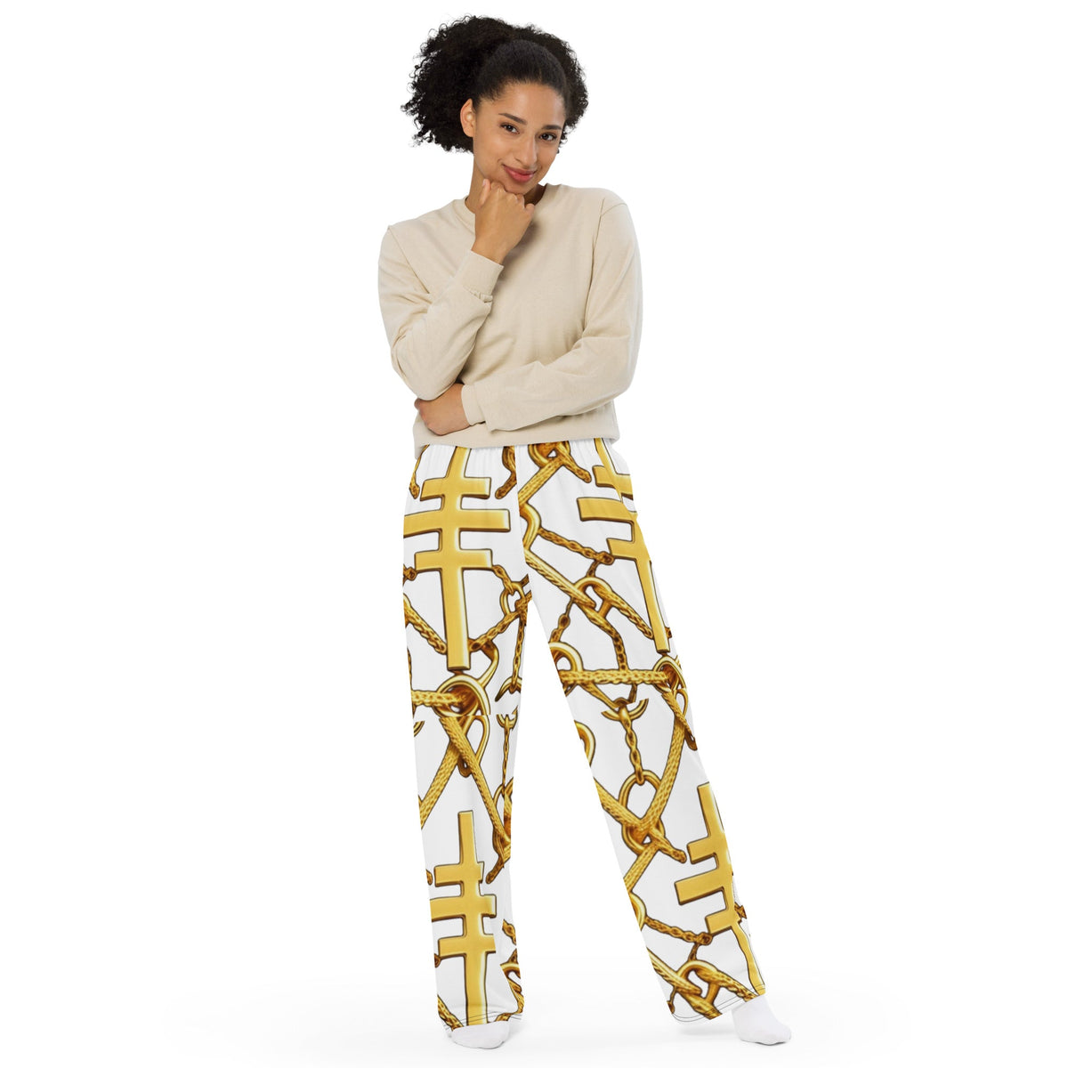 Front Gospel Link Chain unisex wide-leg pants Wide Legged Pant #MzKittyz #NikkiDKatArt