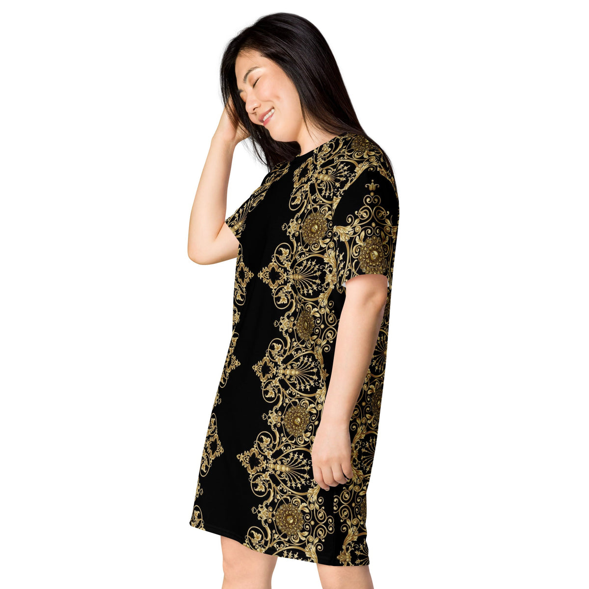 Front Lacie Lace Baroque Gold Women's T-shirt dress #MzKittyz #NikkiDKatArt