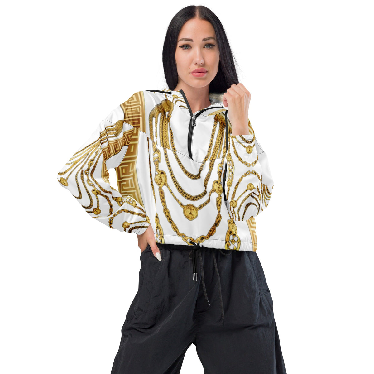 Front Gold Chains Greece Signature Women’s cropped Windbreaker Windbreaker, Hoodie #MzKittyz #NikkiDKatArt