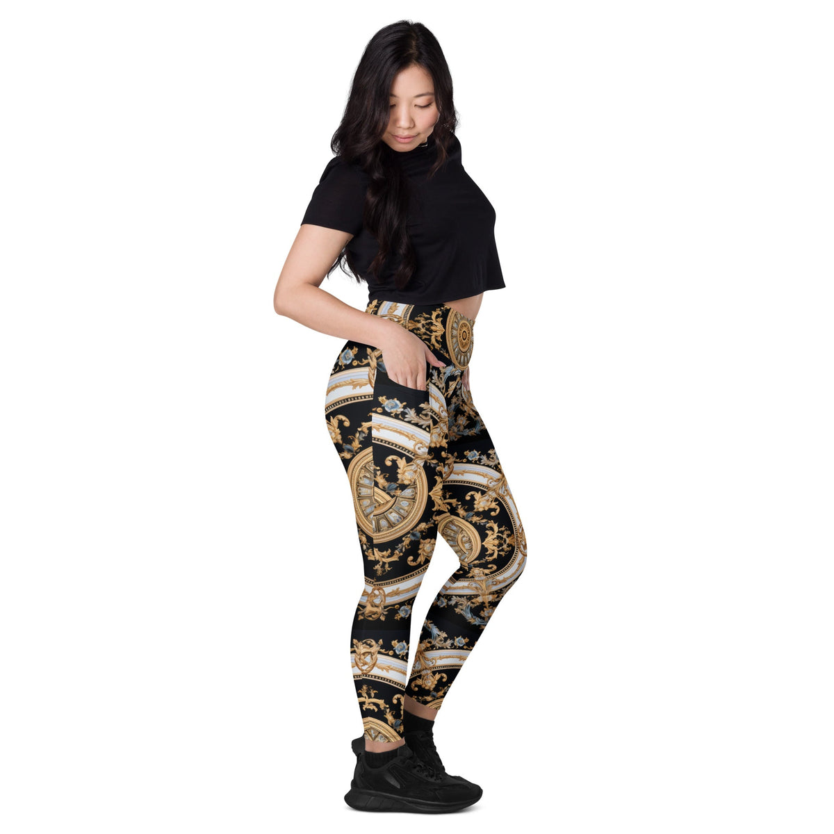 Front Mz Kittyz Black, Gold, Grey, Signature Scarf Design Leggings with pockets Leggings #MzKittyz #NikkiDKatArt