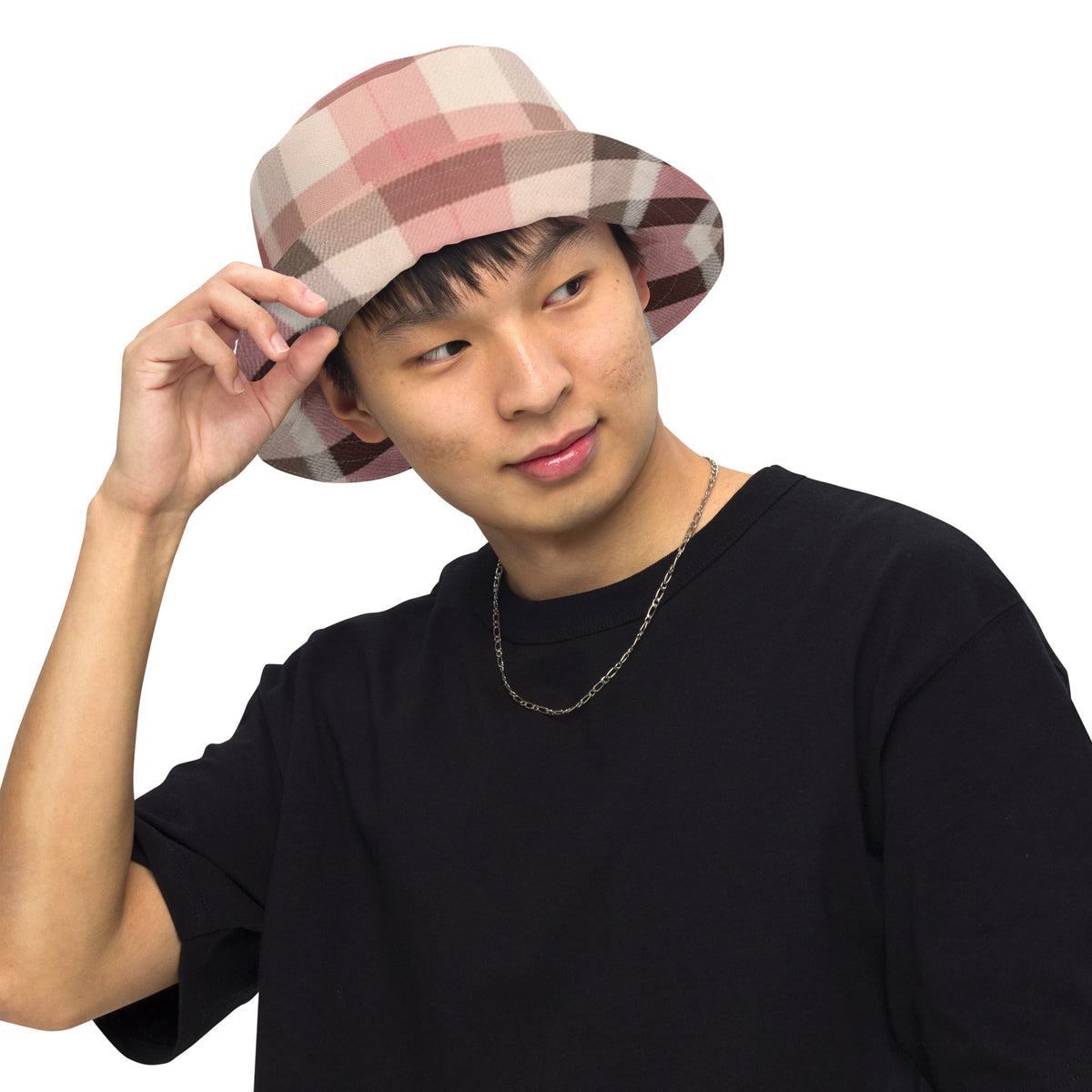 Front Lt Pink Plaid Unisex Reversible Bucket Hat Bucket #MzKittyz #NikkiDKatArt