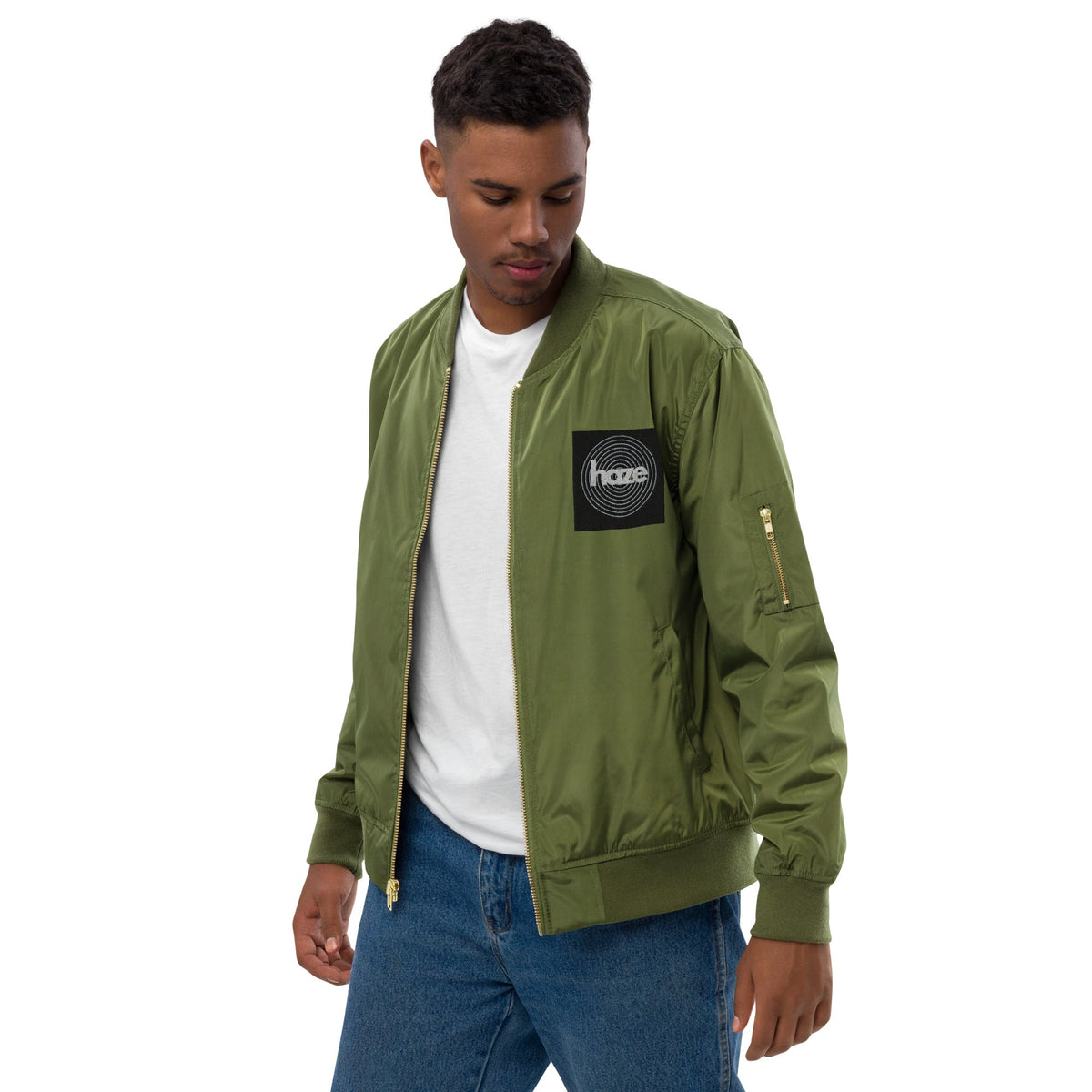 Front haze logo Embroidered Unisex Premium recycled bomber jacket Jacket #MzKittyz #NikkiDKatArt