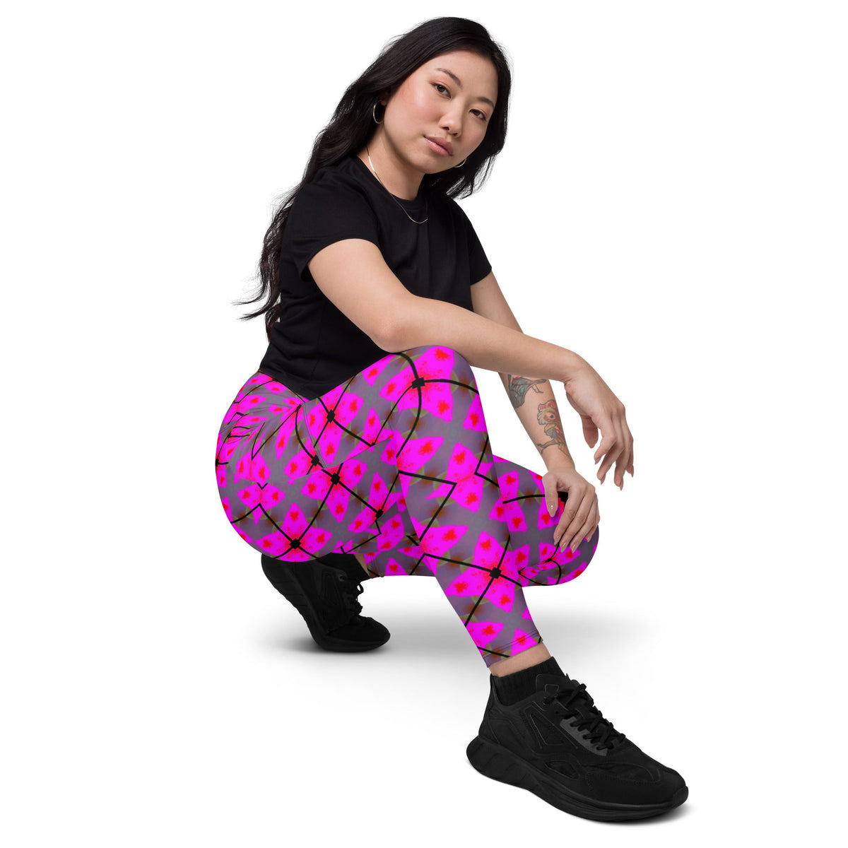 Front Pink Plaid Crossover leggings with pockets #MzKittyz #NikkiDKatArt