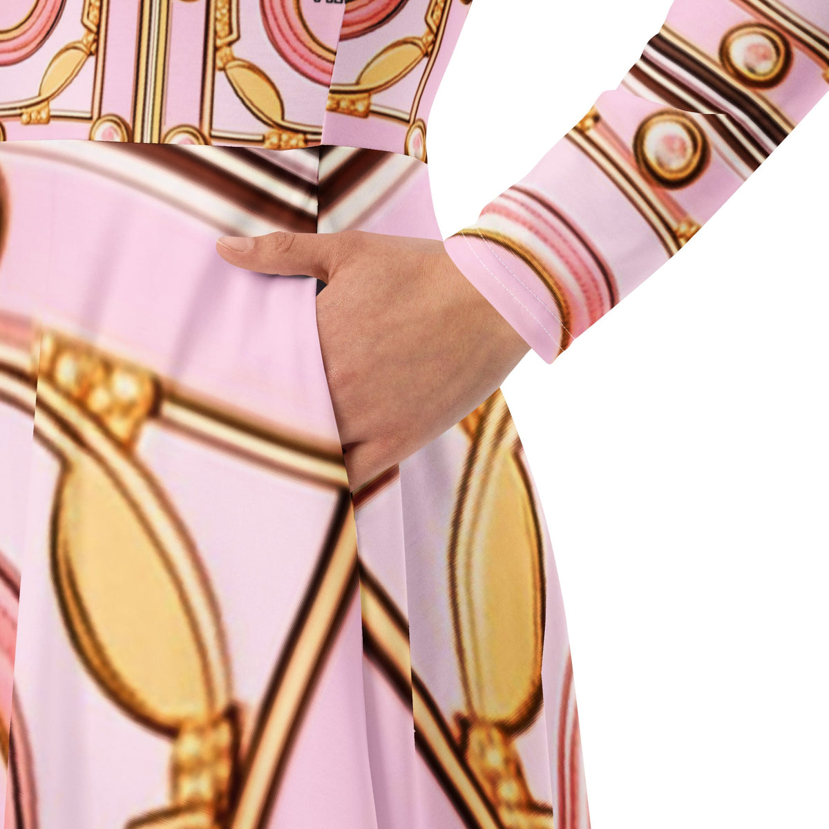 Front V.A.M.P. Paris Signature Scarf Design long sleeve midi dress Mid Length #MzKittyz #NikkiDKatArt