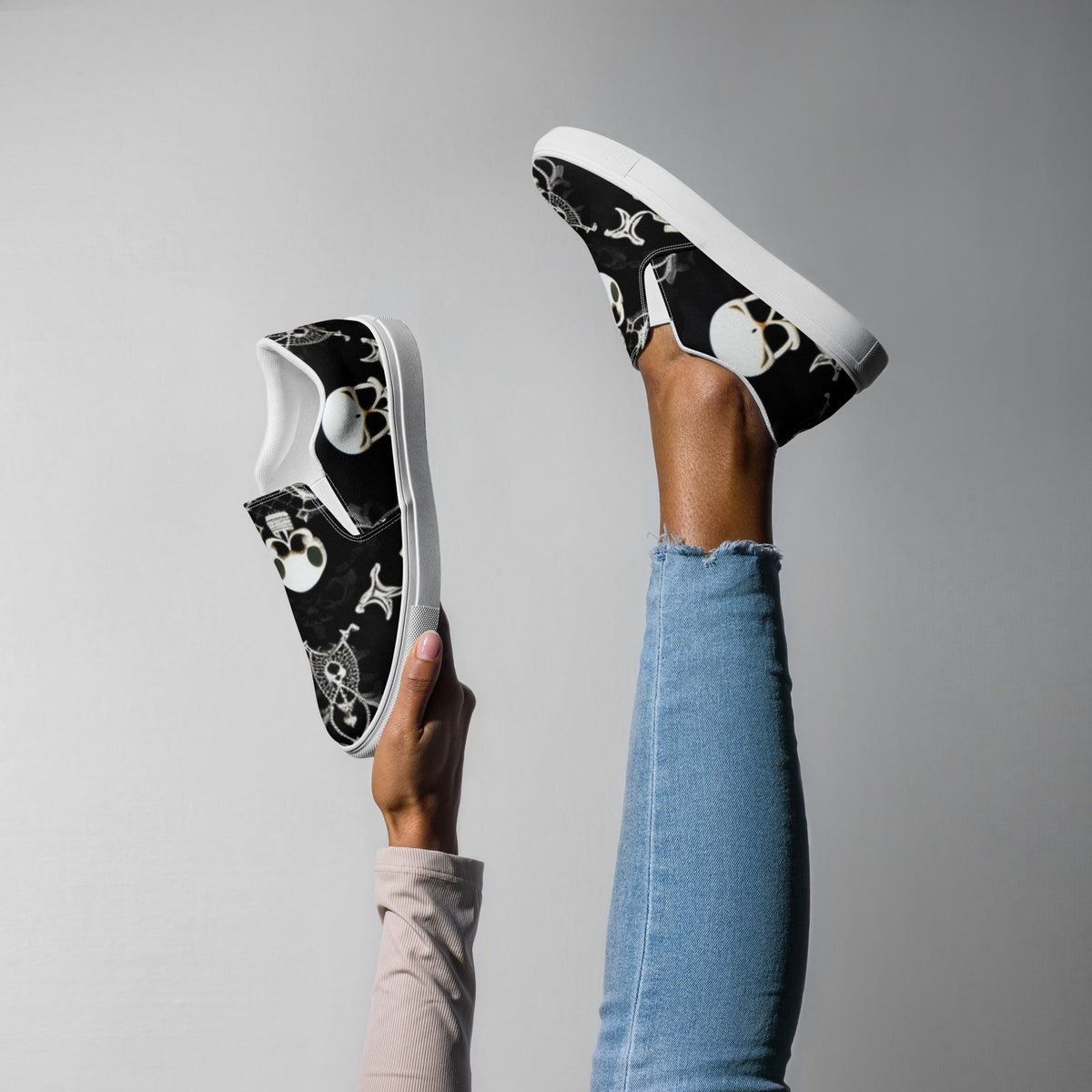 Front Skully Lace Women’s slip-on canvas shoes #MzKittyz #NikkiDKatArt
