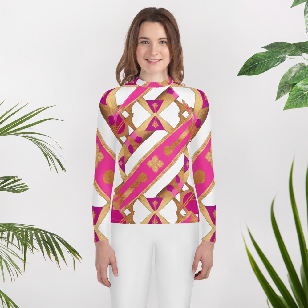 Front Pink & Gold Ribbon Signature Design Unisex Youth Rash Guard #MzKittyz #NikkiDKatArt