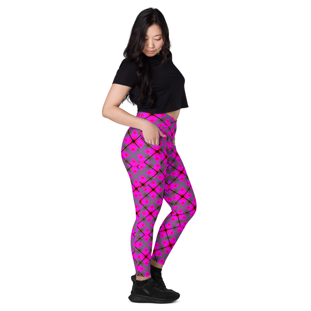 Front Pink Plaid Crossover leggings with pockets #MzKittyz #NikkiDKatArt