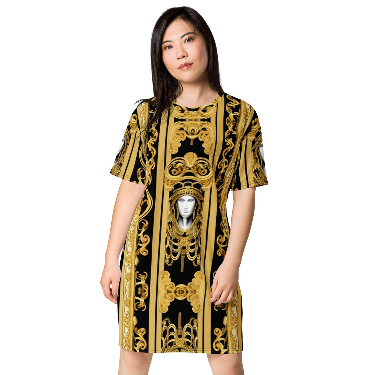 Front Gold & Black Baroque Scarf Design T-shirt dress T-shirt #MzKittyz #NikkiDKatArt