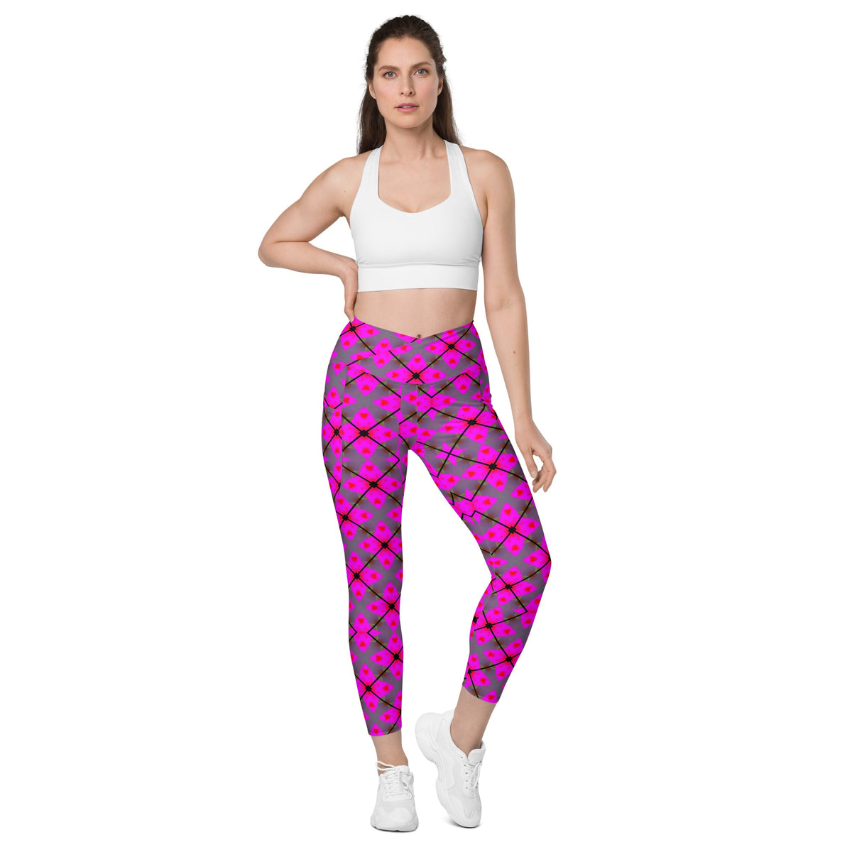 Front Pink Plaid Crossover leggings with pockets #MzKittyz #NikkiDKatArt