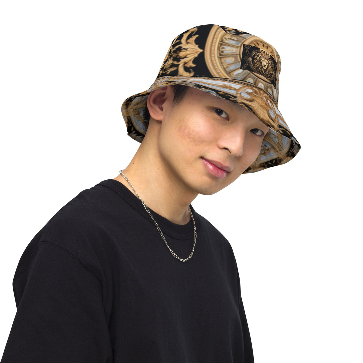 Front MzKittyz Signature Gold & Black Scarf Reversible Bucket Hat Bucket #MzKittyz #NikkiDKatArt