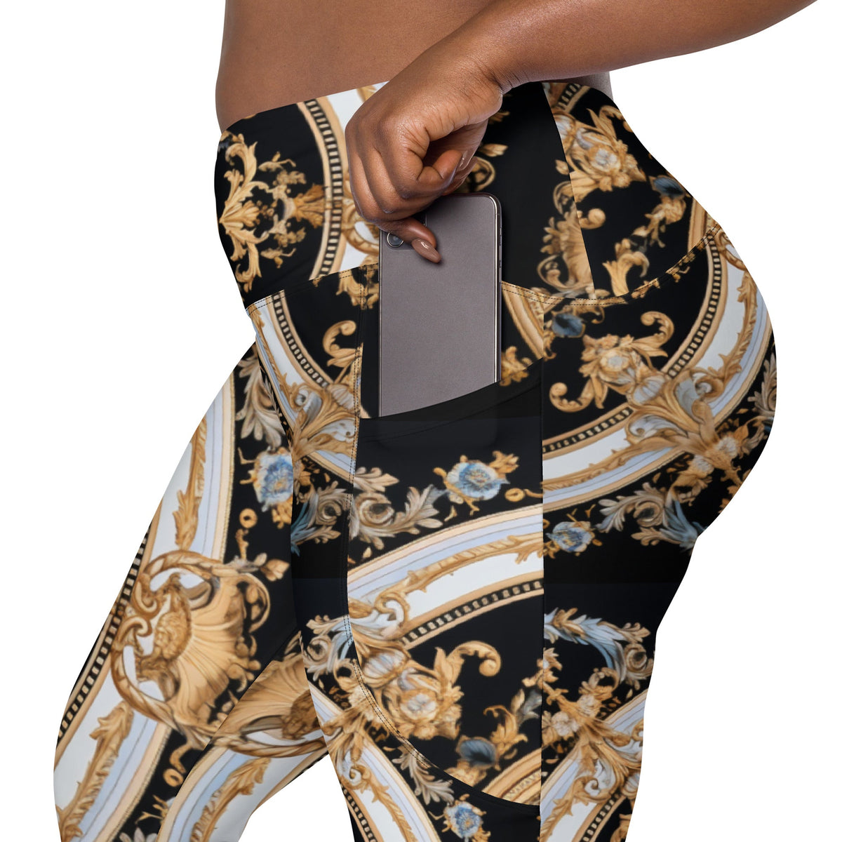 Front Mz Kittyz Black, Gold, Grey, Signature Scarf Design Leggings with pockets Leggings #MzKittyz #NikkiDKatArt