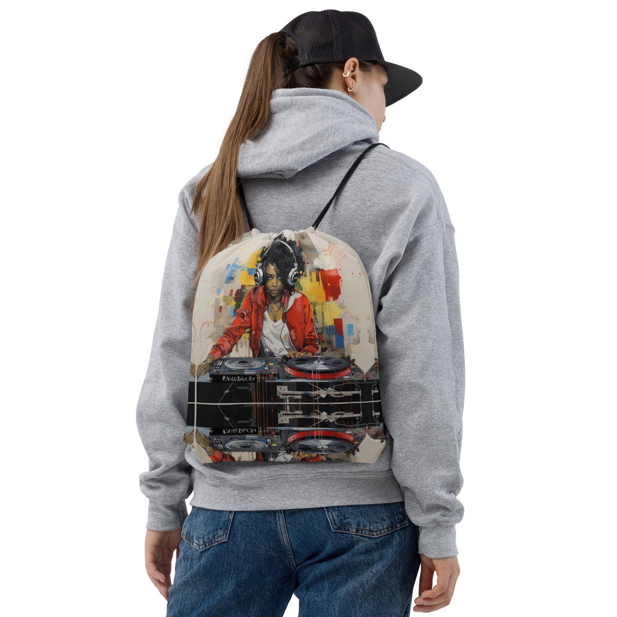 Front Basquiat Sistah Dj NY Drawstring bag Backpack Drawstring #MzKittyz #NikkiDKatArt