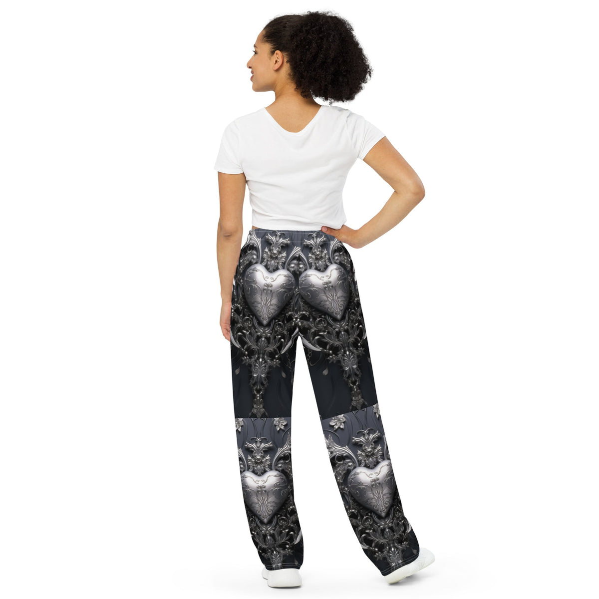 Front Hearts of Chrome All-over print unisex wide-leg pants Wide Legged Pant #MzKittyz #NikkiDKatArt