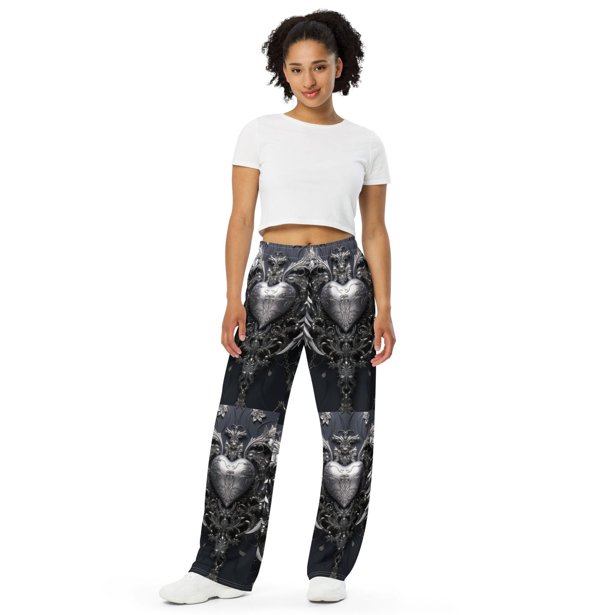 Front Hearts of Chrome All-over print unisex wide-leg pants Wide Legged Pant #MzKittyz #NikkiDKatArt
