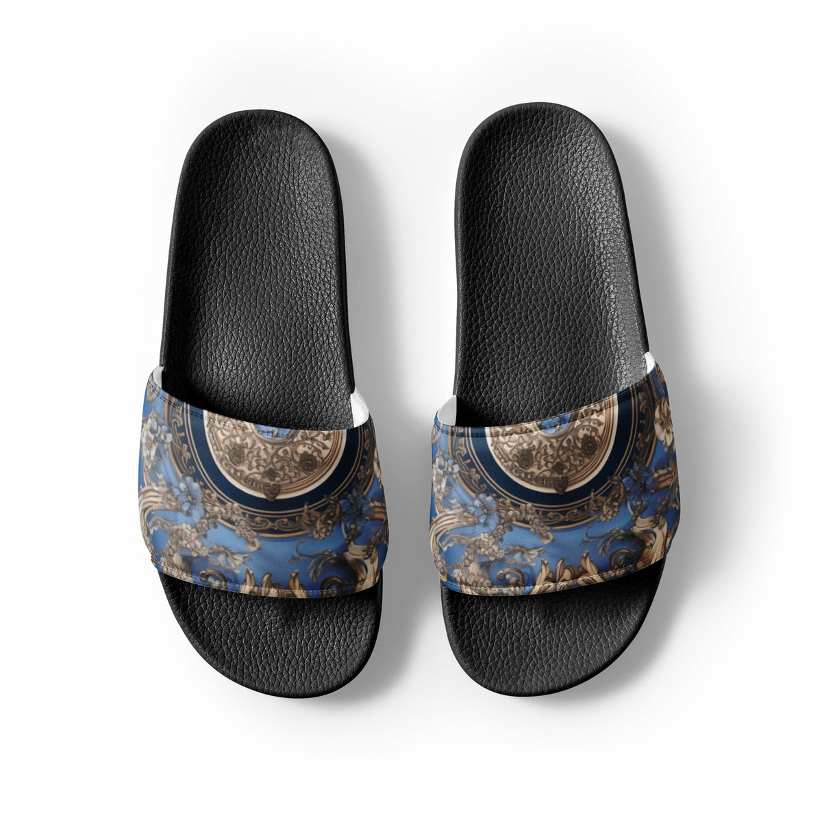Front Blue, Silver & Gold Signature Scarf Design Women's Slides Slides #MzKittyz #NikkiDKatArt