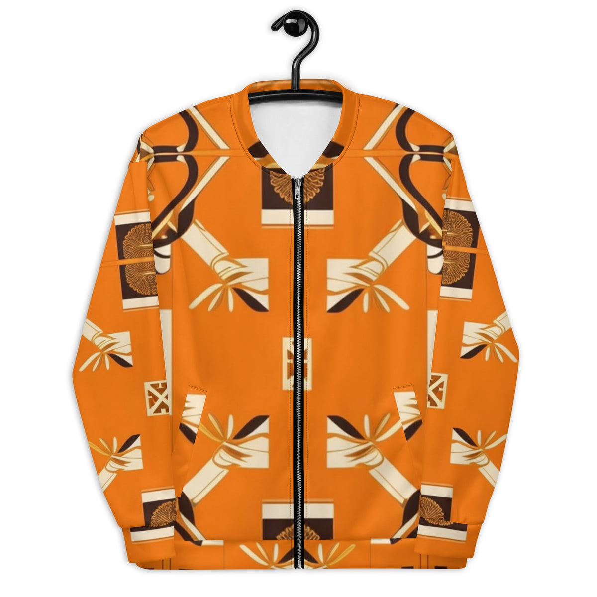 Front Orange Signature Scarf Unisex Bomber Jacket Bomber #MzKittyz #NikkiDKatArt