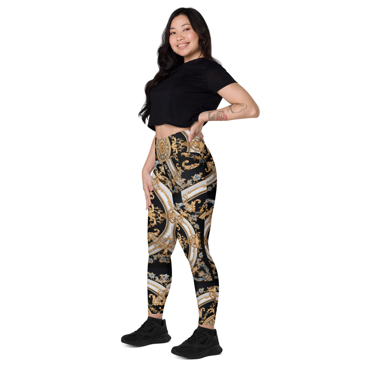 Front Mz Kittyz Black, Gold, Grey, Signature Scarf Design Leggings with pockets Leggings #MzKittyz #NikkiDKatArt