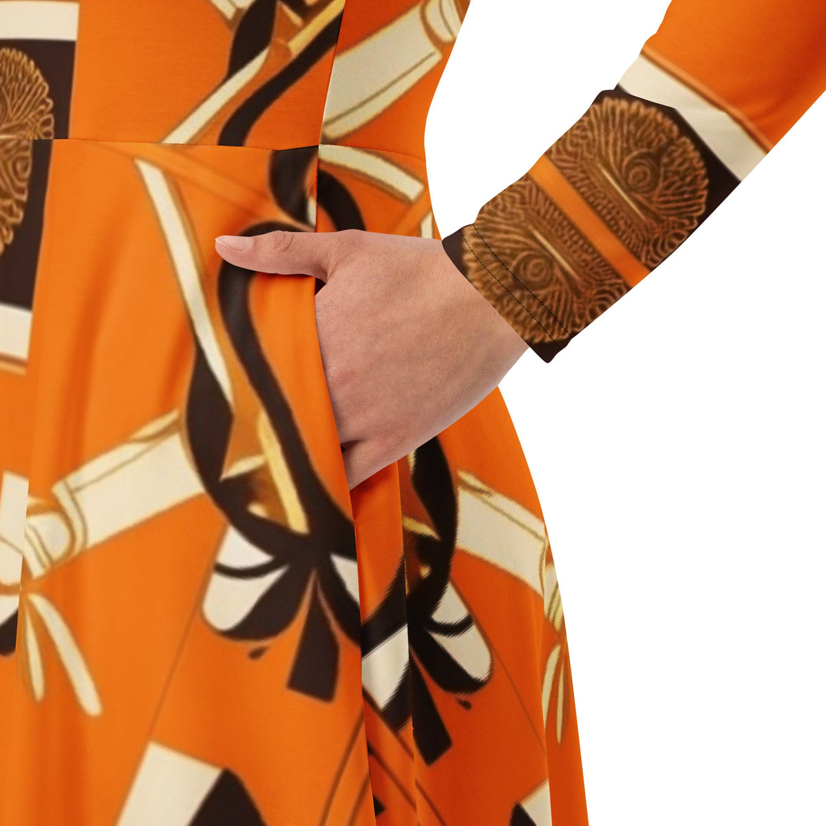 Zoom pocket MzKittyz Signature Scarf Design in Orange - All-over print long sleeve midi dress w/pockets mid length