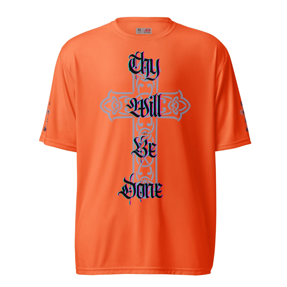 Front Orange 'Thy Will Be Done' Unisex Moisture Wicking crew neck t-shirt Short Sleeve , Tee #MzKittyz #NikkiDKatArt