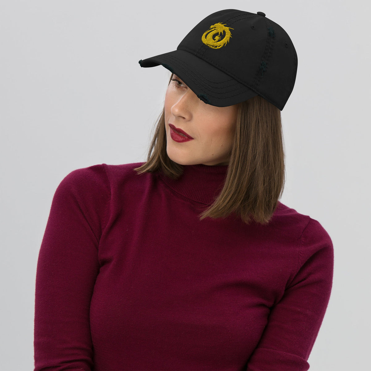 Front Golden Dragon Distressed Dad Hat DadHat #MzKittyz #NikkiDKatArt