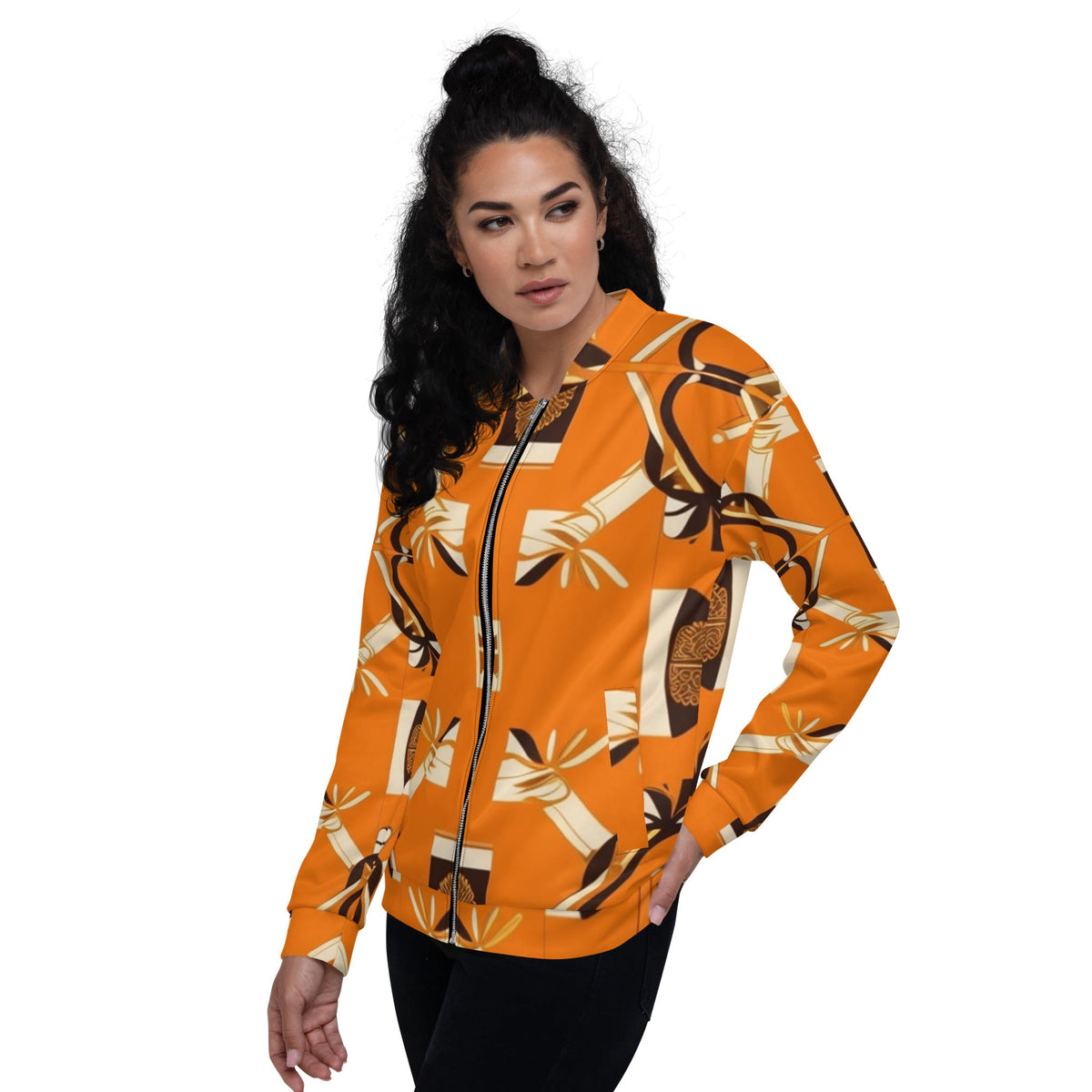 Front Orange Signature Scarf Unisex Bomber Jacket Bomber #MzKittyz #NikkiDKatArt