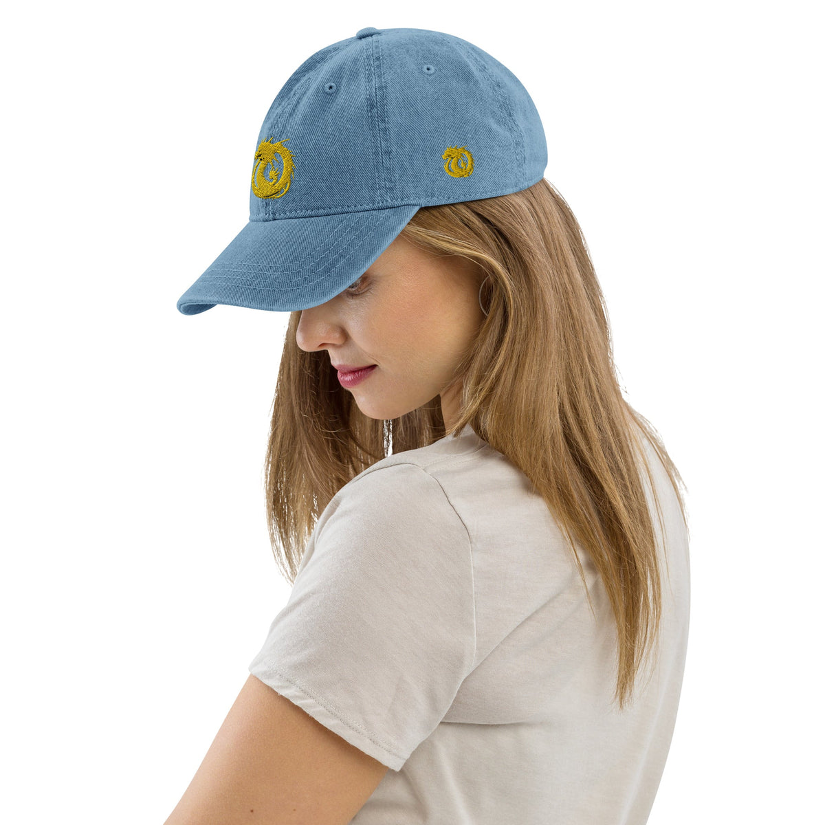 Front Golden Dragon 3D Embroidered Denim Hat #MzKittyz #NikkiDKatArt