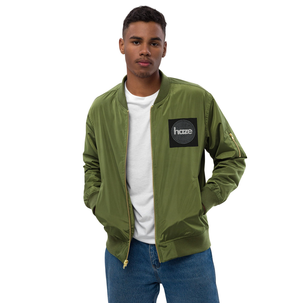 Front haze logo Embroidered Unisex Premium recycled bomber jacket Jacket #MzKittyz #NikkiDKatArt