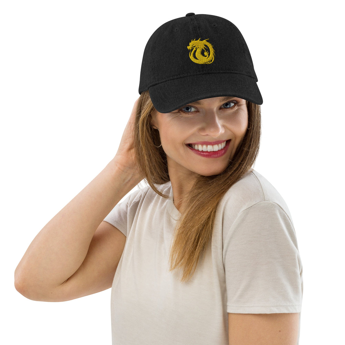 Front Golden Dragon 3D Embroidered Denim Hat #MzKittyz #NikkiDKatArt