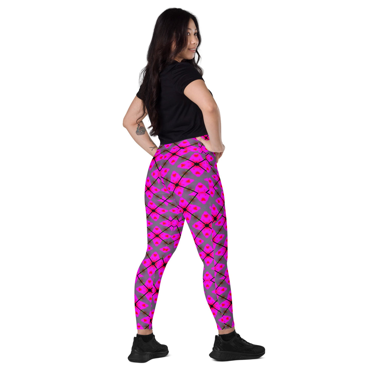 Front Pink Plaid Crossover leggings with pockets #MzKittyz #NikkiDKatArt