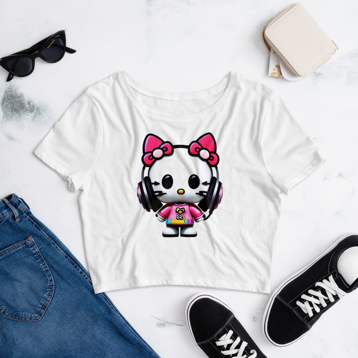 Front Mz Dj Kittyz Pop Life Women’s Crop Tee Crop Top #MzKittyz #NikkiDKatArt