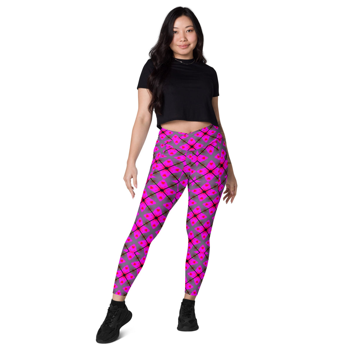 Front Pink Plaid Crossover leggings with pockets #MzKittyz #NikkiDKatArt