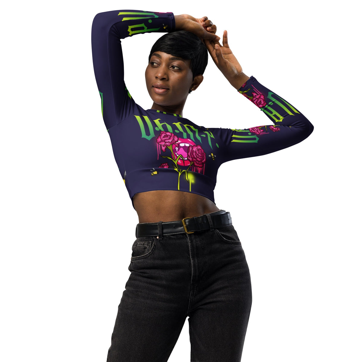 Front V.A.M.P. Vampire Rose Recycled long-sleeve crop top #MzKittyz #NikkiDKatArt