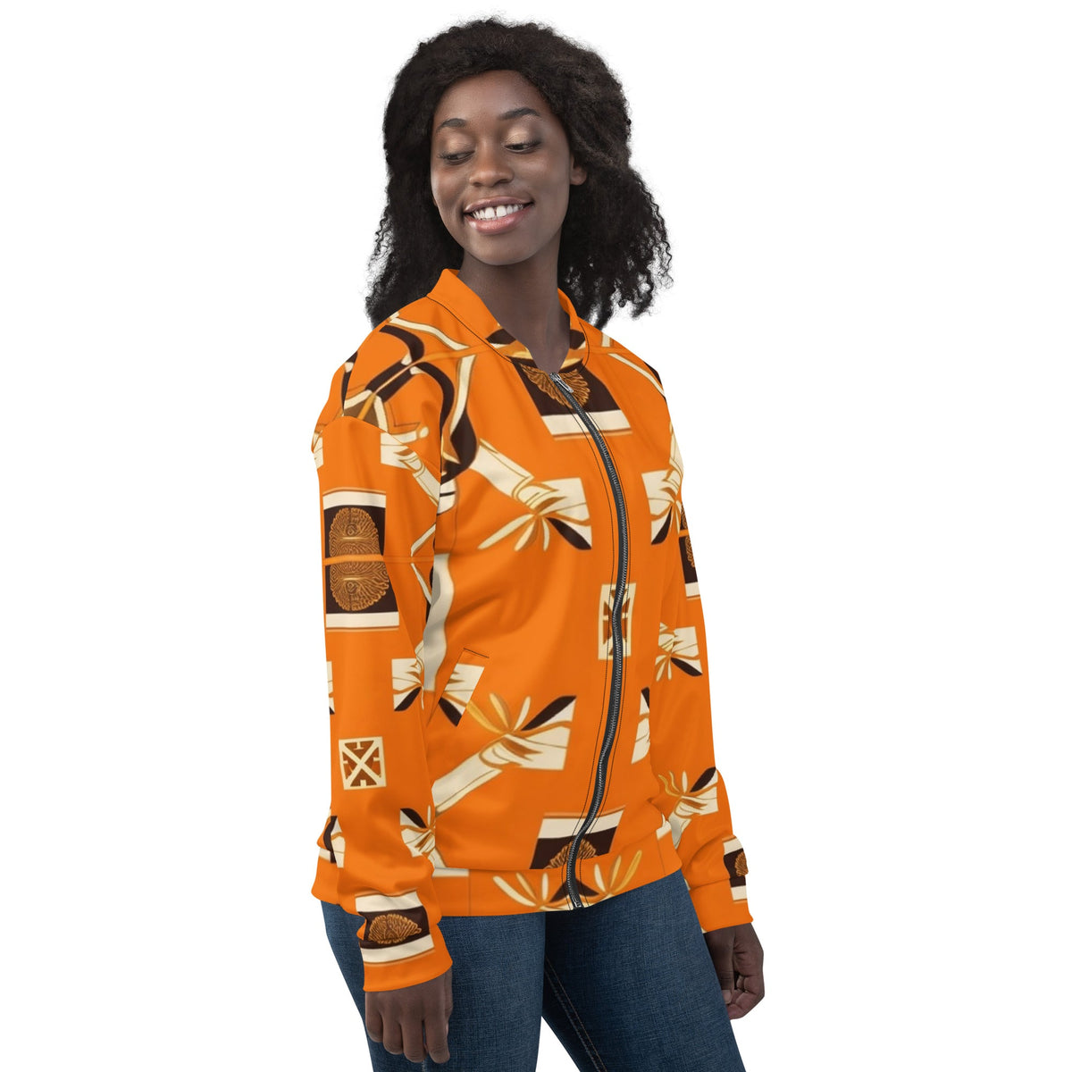 Front Orange Signature Scarf Unisex Bomber Jacket Bomber #MzKittyz #NikkiDKatArt