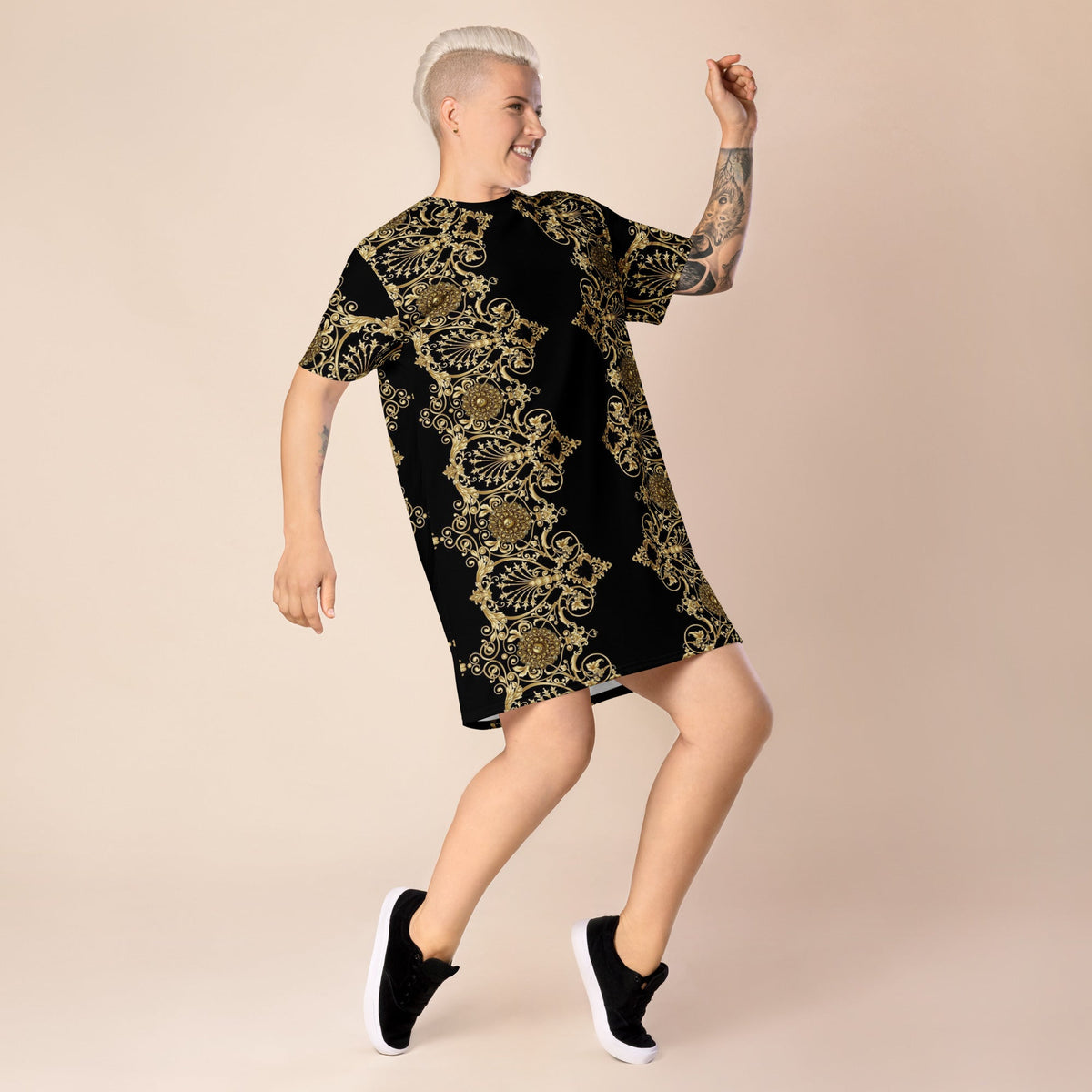Front Lacie Lace Baroque Gold Women's T-shirt dress #MzKittyz #NikkiDKatArt