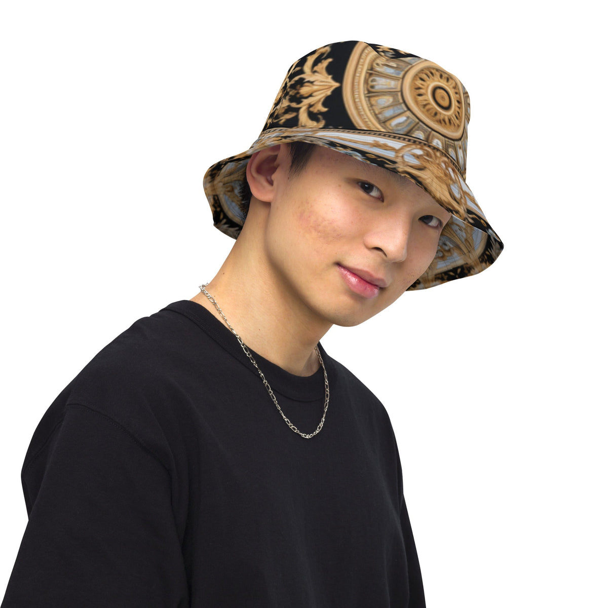 Front MzKittyz Signature Gold & Black Scarf Reversible Bucket Hat Bucket #MzKittyz #NikkiDKatArt