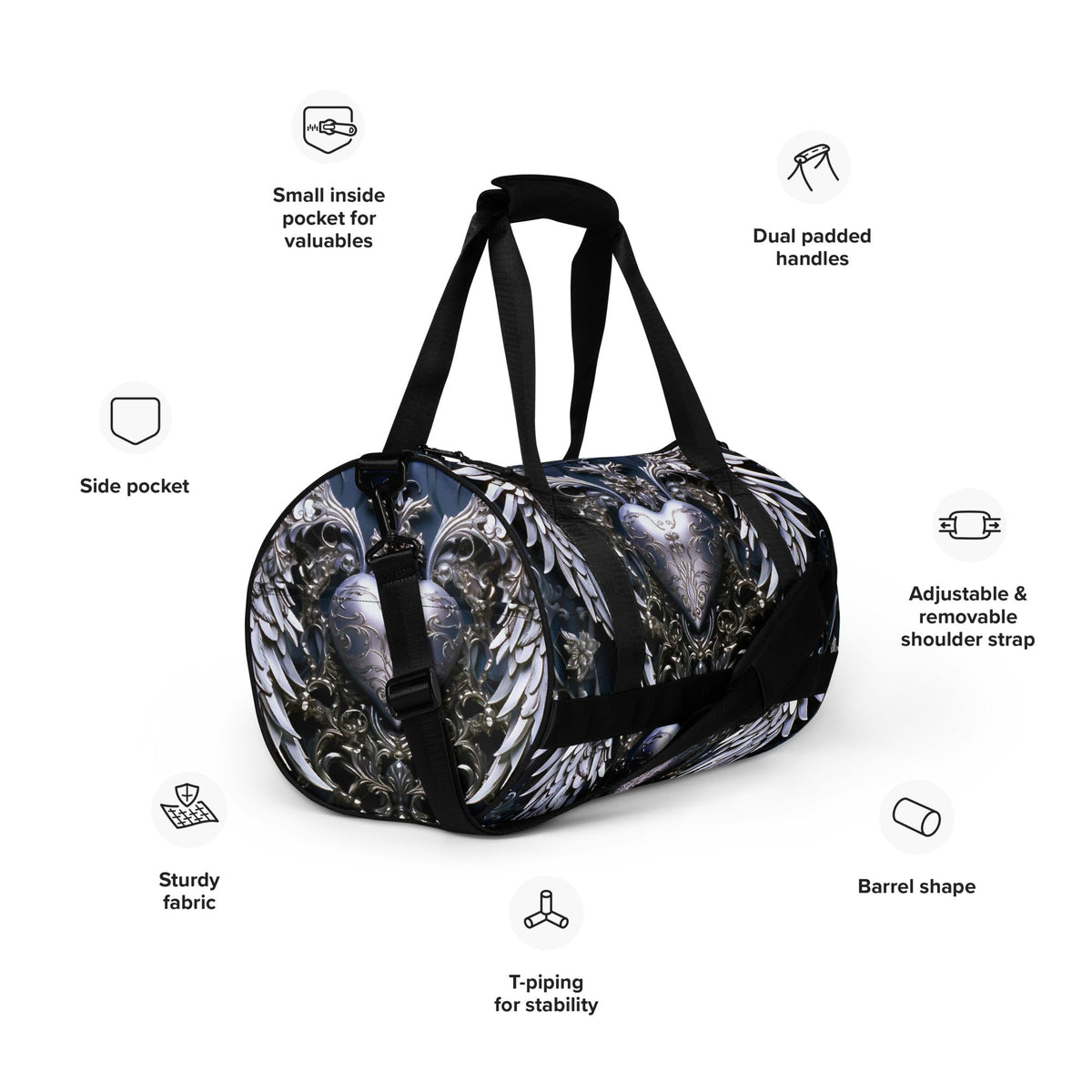 Front Chrome Heart Angel gym bag Gym Bag #MzKittyz #NikkiDKatArt