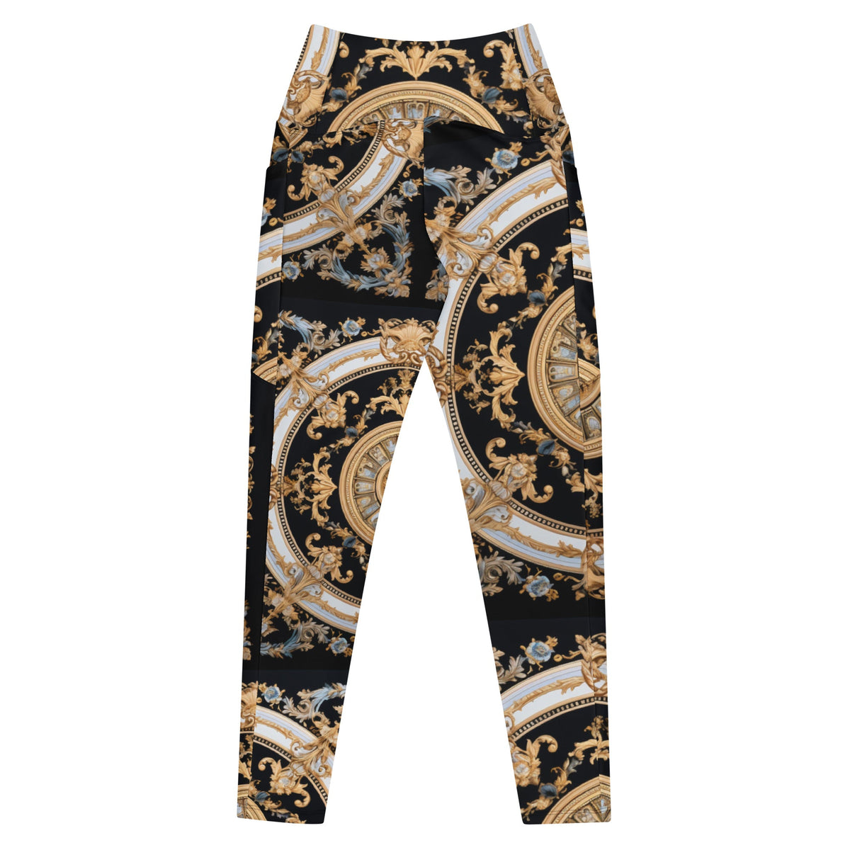 Front Mz Kittyz Black, Gold, Grey, Signature Scarf Design Leggings with pockets Leggings #MzKittyz #NikkiDKatArt