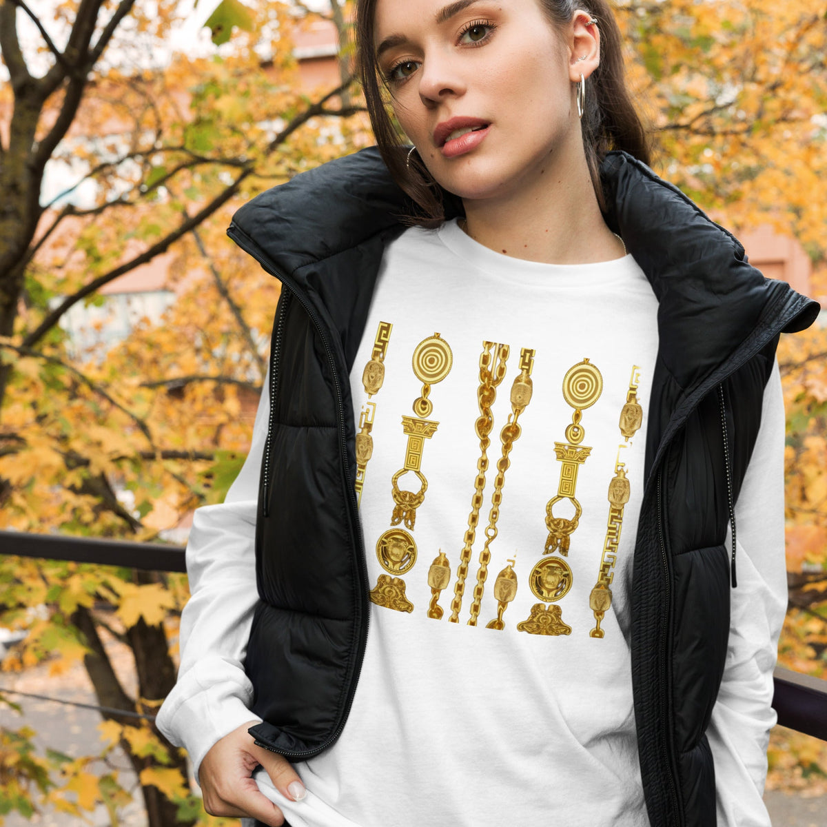 Front Gold Coin Chains Signature Scarf Unisex Long Sleeve Tee Tshirt, LongSleeve #MzKittyz #NikkiDKatArt