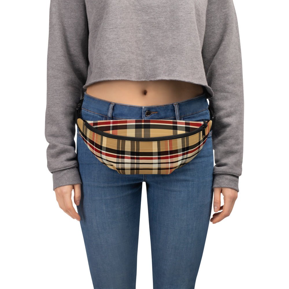 Front Beige Plaid Adjustable Fanny Pack #MzKittyz #NikkiDKatArt