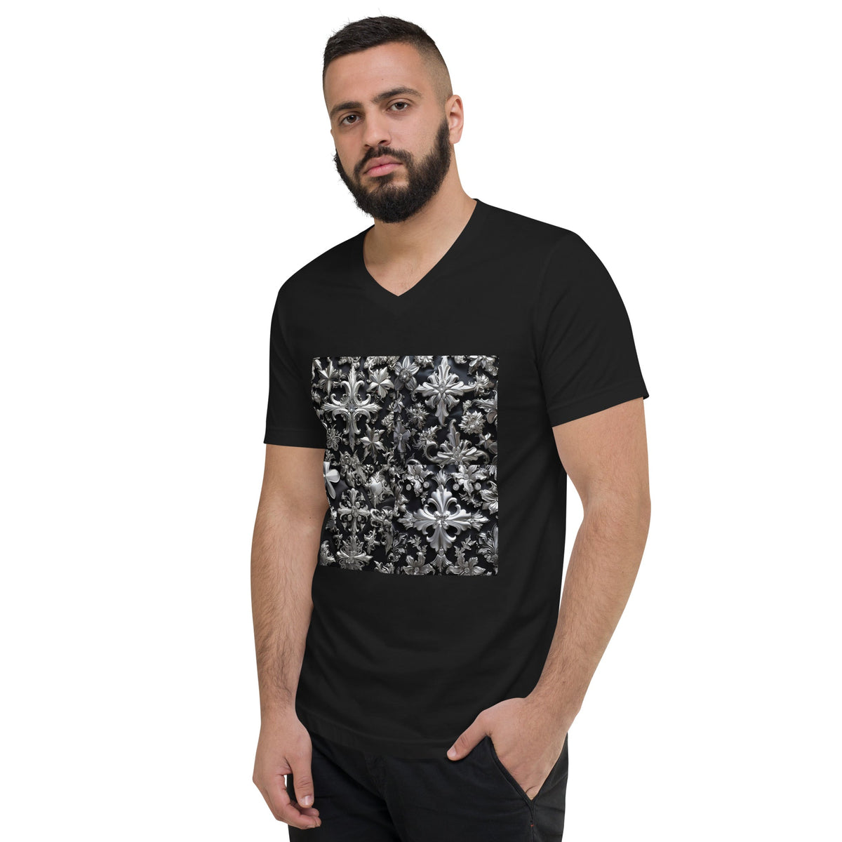 Front Chrome Crosses Unisex Short Sleeve V-Neck T-Shirt T-shirt, vneck #MzKittyz #NikkiDKatArt