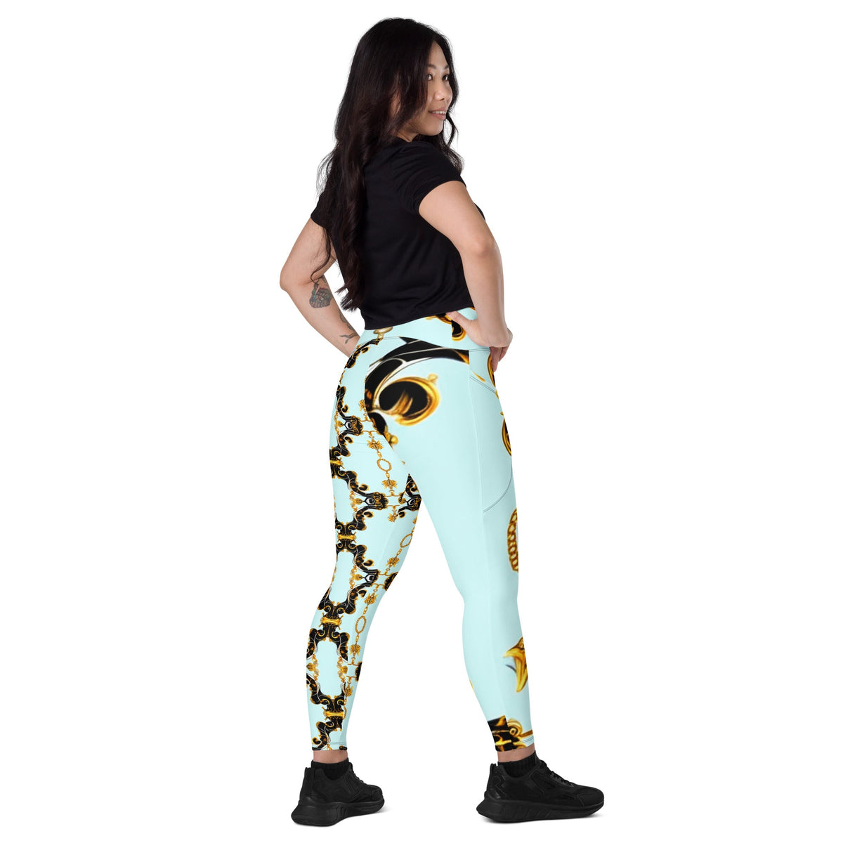 Front Aqua Baroque Signature Women's Leggings with Pockets - 2XS to 6XL Leggings, Pockets #MzKittyz #NikkiDKatArt