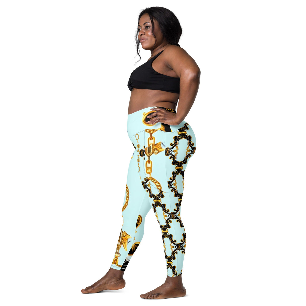 Front Aqua Baroque Signature Women's Leggings with Pockets - 2XS to 6XL Leggings, Pockets #MzKittyz #NikkiDKatArt