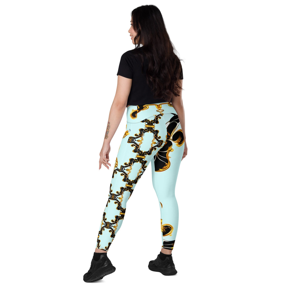 Front Aqua Baroque Signature Women's Leggings with Pockets - 2XS to 6XL Leggings, Pockets #MzKittyz #NikkiDKatArt