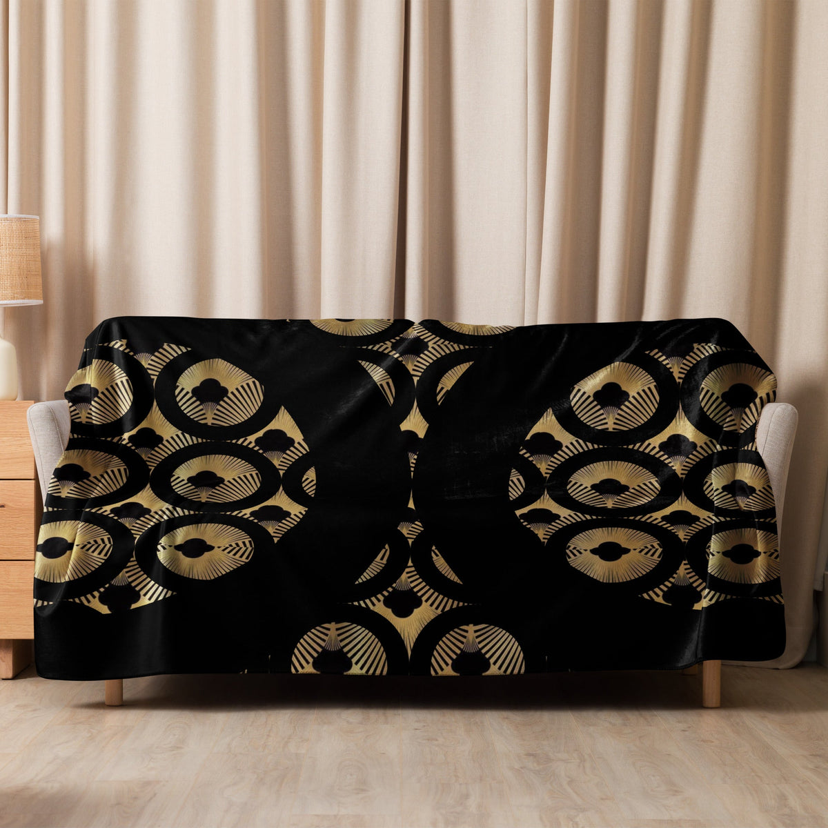 Front Art Deco, Black & Gold, Sherpa blanket in 3 sizes Throw #MzKittyz #NikkiDKatArt