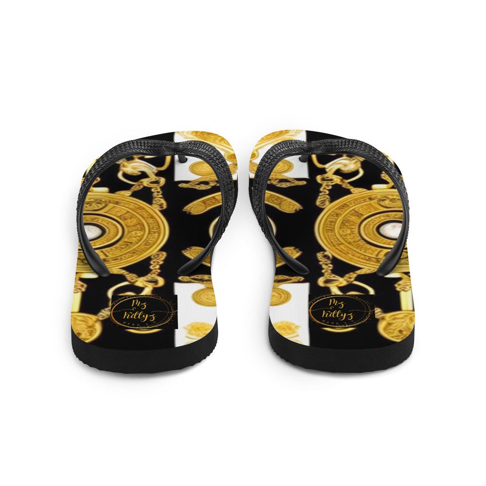 Front Baroque Gold & Black Coin Signature Design - Unisex Flip-Flops Flip Flops #MzKittyz #NikkiDKatArt