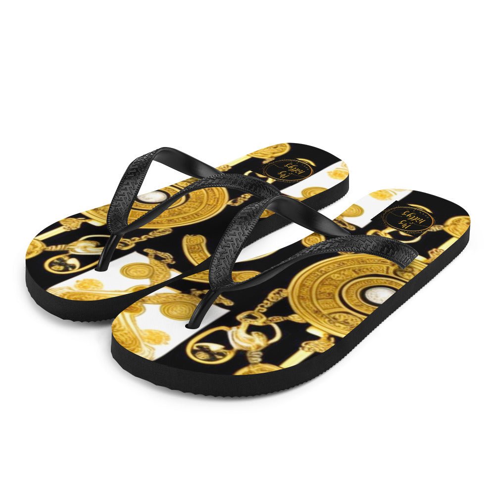 Front Baroque Gold & Black Coin Signature Design - Unisex Flip-Flops Flip Flops #MzKittyz #NikkiDKatArt