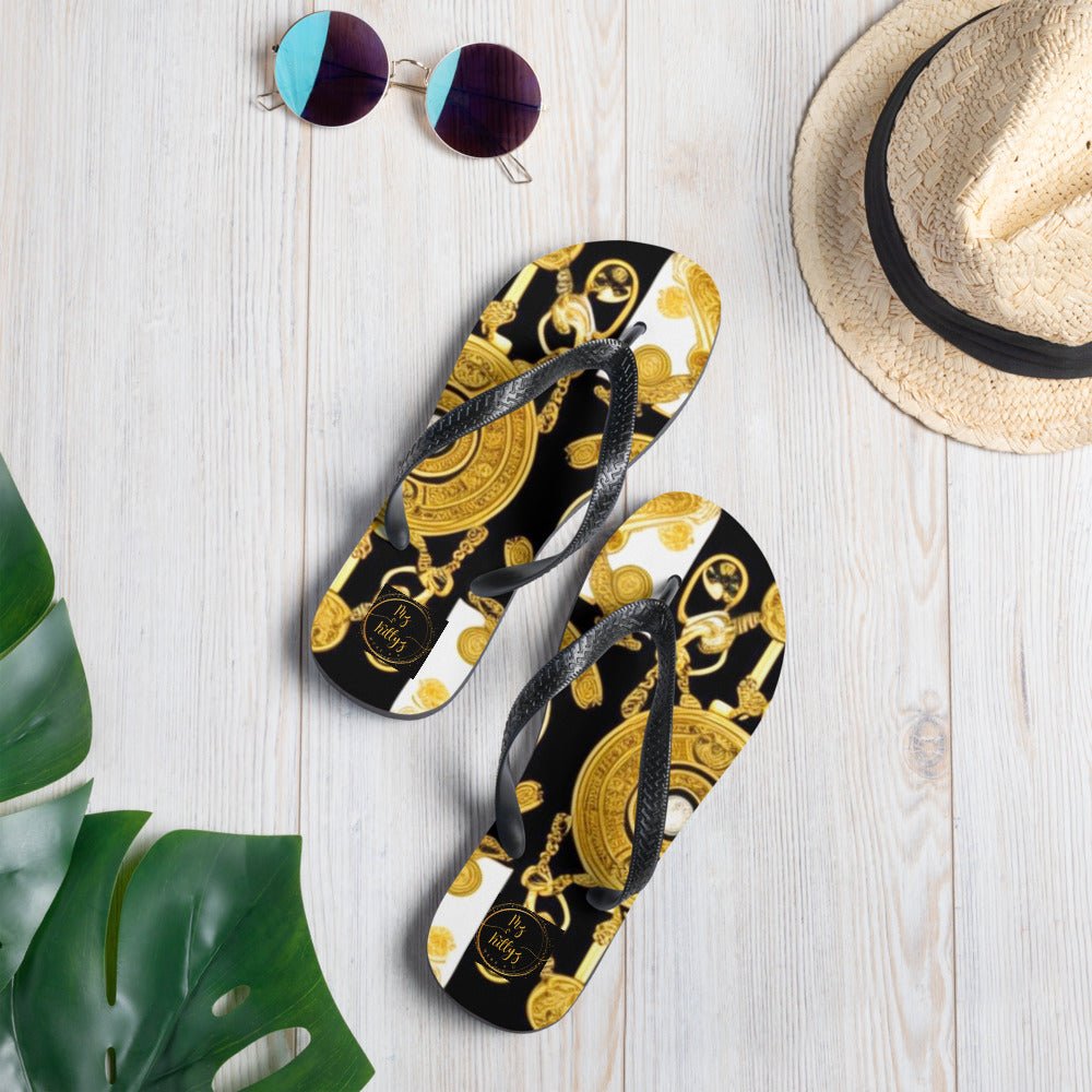 Front Baroque Gold & Black Coin Signature Design - Unisex Flip-Flops Flip Flops #MzKittyz #NikkiDKatArt