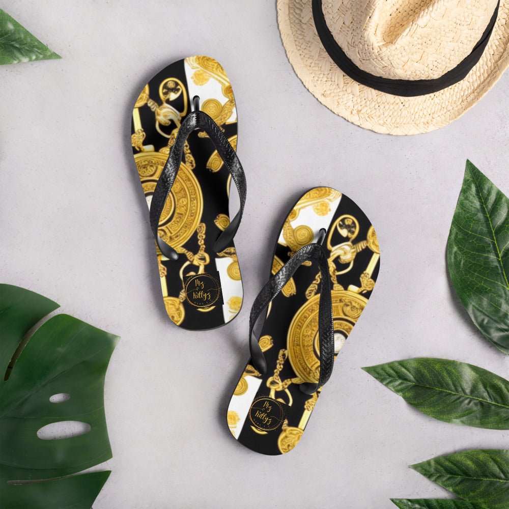 Front Baroque Gold & Black Coin Signature Design - Unisex Flip-Flops Flip Flops #MzKittyz #NikkiDKatArt